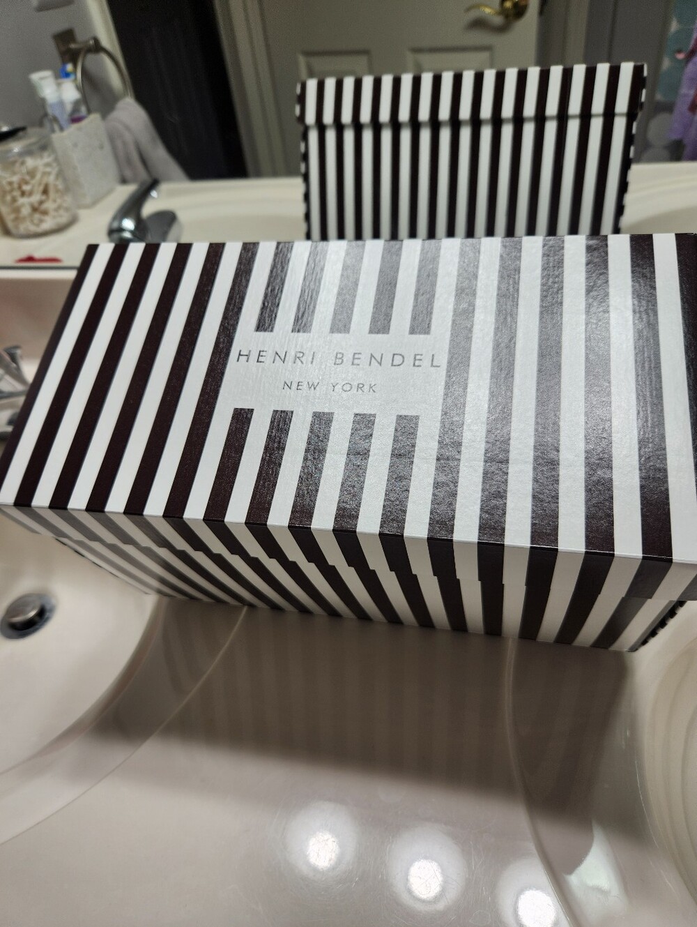 Henri Bendel Brown and White Iconic Striped Collectors Box, 12x6x6